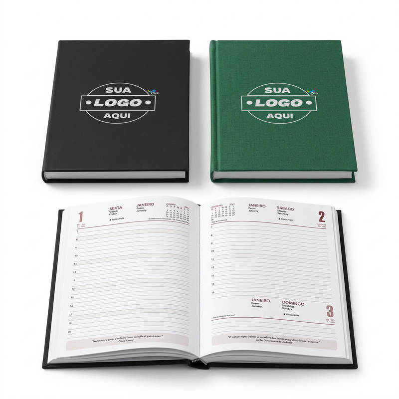 Agenda 2027 com capa dura de revestimento emborrachado. Contém páginas dedicadas para dados pessoais, calendários de 2026 até 2028, orçamentos mensais, anotações, planejamentos mensais, lista de contatos e mapas.

Altura :  20,7 cm

Largura :  14,3 cm

Espessura :  2,3 cm

Medidas aproximadas para gravação (CxL):  19 cm x 12 cm
